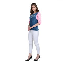 Astron – Round Neck Denim Colour T-Shirt for Women