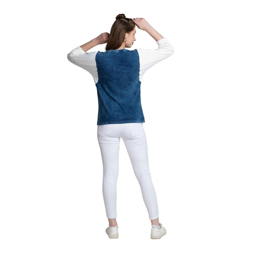 Astron – Round Neck Denim Colour T-Shirt for Women