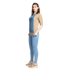 Astron – Beige & Denim Boat Neck Elbow Sleeves T-Shirt for Women