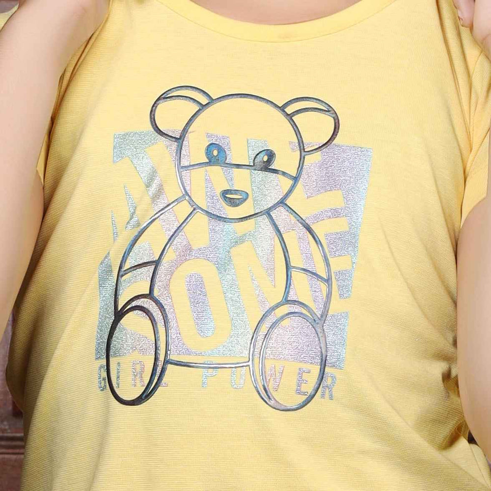 Teddy Print Cotton Half Sleeves Round Neck Girl's T-shirt