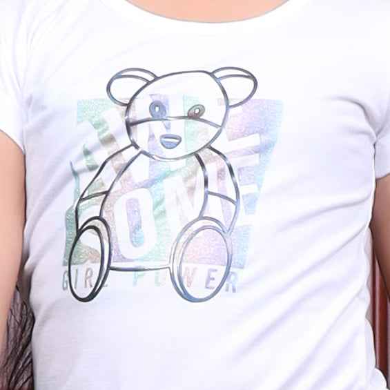 Teddy Print Cotton Half Sleeves Round Neck Girl's T-shirt