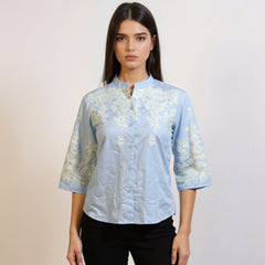 Astron Light Blue Cotton Shirt with Intricate White Floral Embroidery