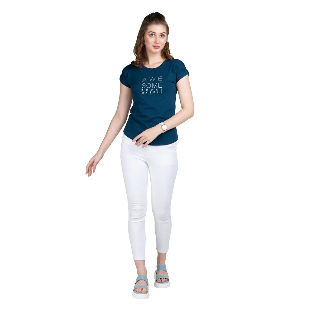 Woman Wearing Astron Round Neck Typography Print Cotton T-Shirt in Dark Blue