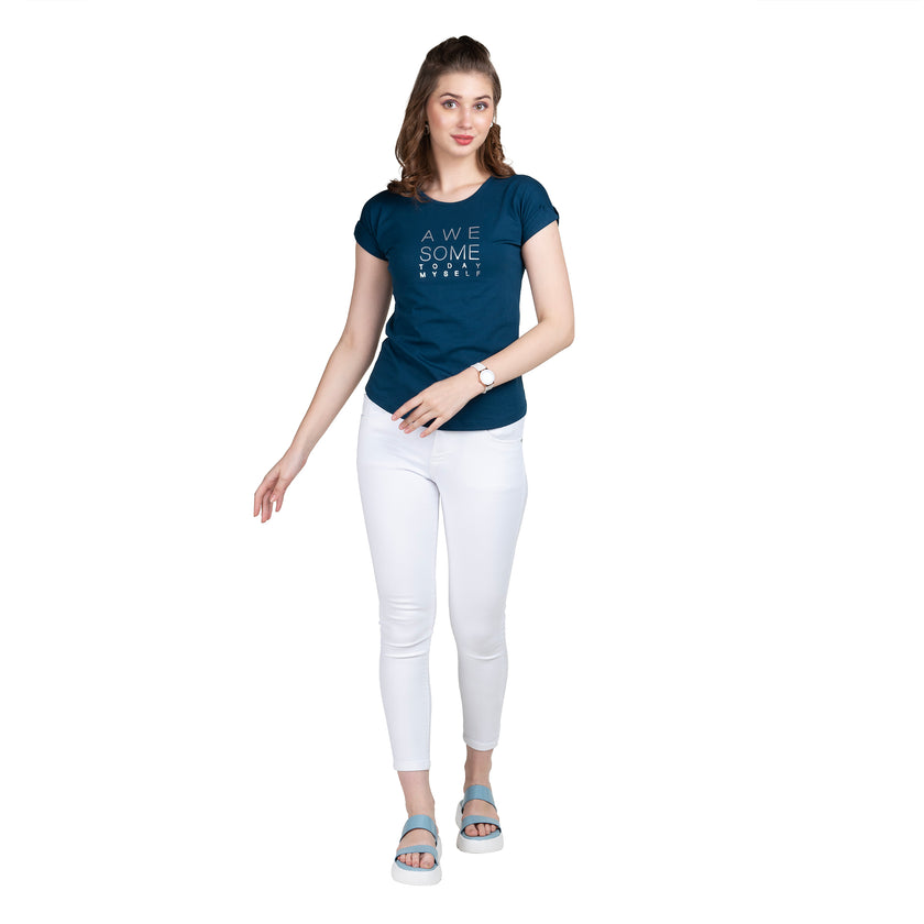 Round Neck Magyar Sleeves Typography Print Cotton T-shirt / Tee For Women