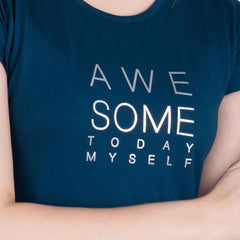 Close-up of Typography Print on Astron Round Neck Cotton T-Shirt for Women in Dark Blue