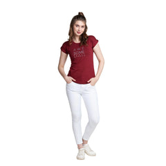 Woman Wearing Astron Round Neck Typography Print Cotton T-Shirt in Maroon