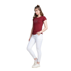 Astron Round Neck Typography Print Cotton T-Shirt for Women Front Side View in Maroon