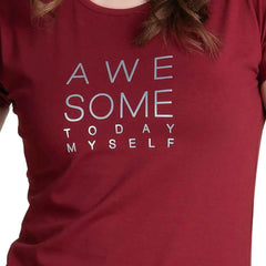 Close-up of Typography Print on Astron Round Neck Cotton T-Shirt for Women in Maroon