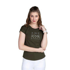 Woman Wearing Astron Round Neck Typography Print Cotton T-Shirt in Olive Green