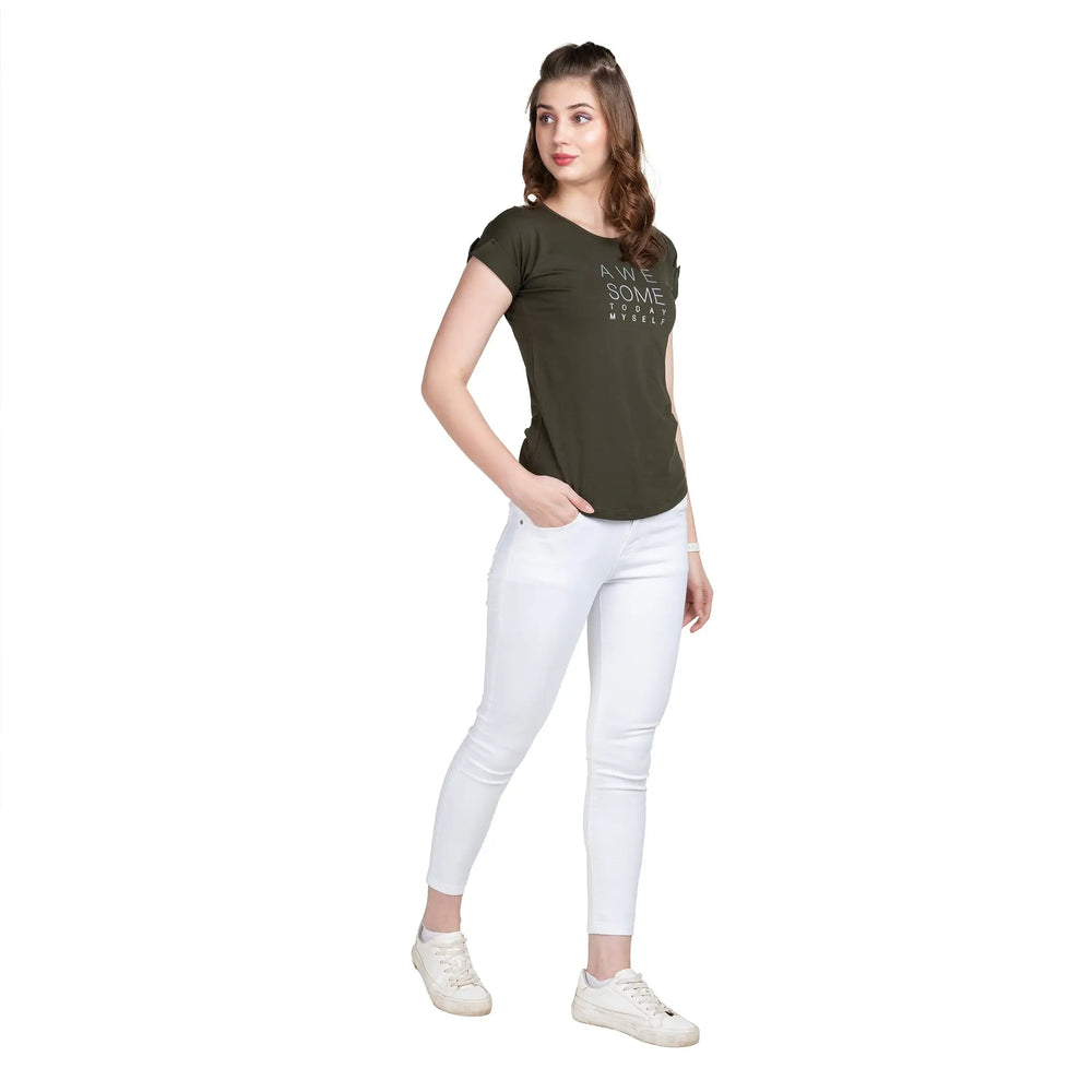 Astron Round Neck Typography Print Cotton T-Shirt for Women Front Angle View in Olive Green