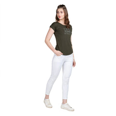 Astron Round Neck Typography Print Cotton T-Shirt for Women Front Angle View in Olive Green