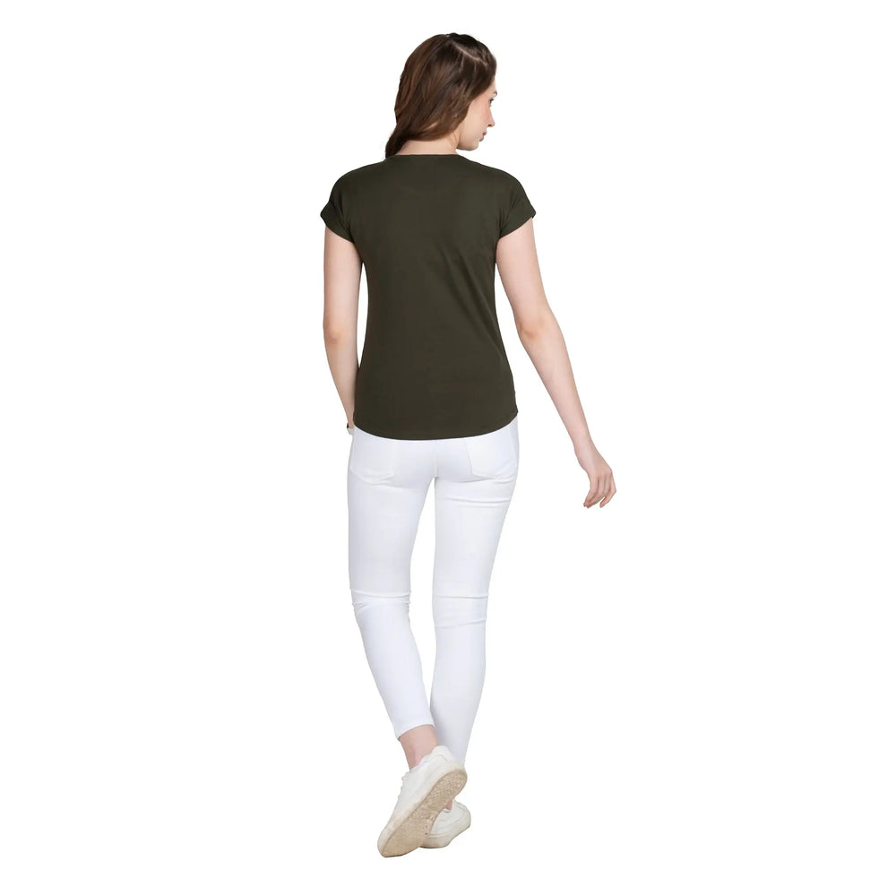 Astron Round Neck Typography Print Cotton T-Shirt for Women Back View in Olive Green