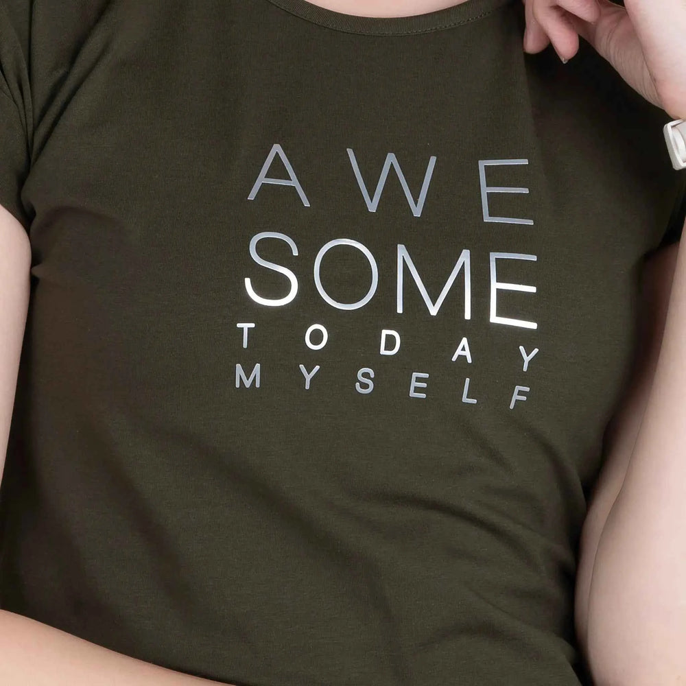Close-up of Typography Print on Astron Round Neck Cotton T-Shirt for Women in Olive Green