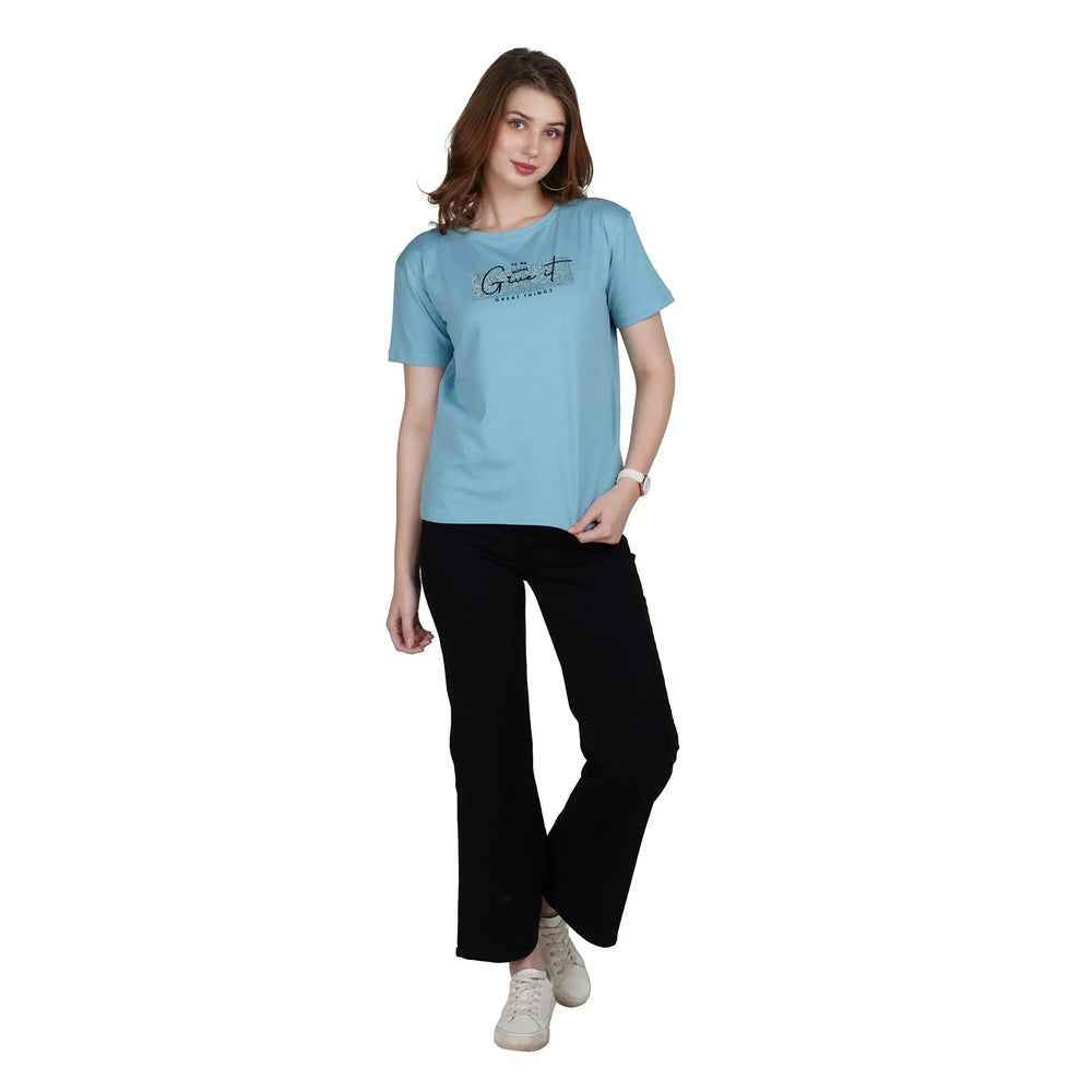 Astron Boat Neck Cotton T-Shirt for Women – Printed Half Sleeves Style - ASTRON