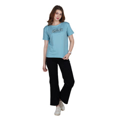 Astron – Boat Neck Printed Half Sleeves Cotton T-Shirt for Women