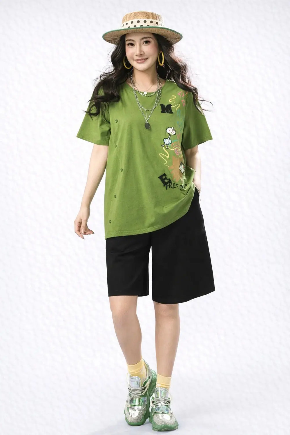 Women’s Oversized Graphic T-Shirt with Patch Work - ASTRON