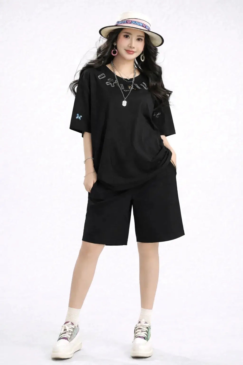 Women’s Oversized Embroidered Down-Shoulder T-Shirt - ASTRON