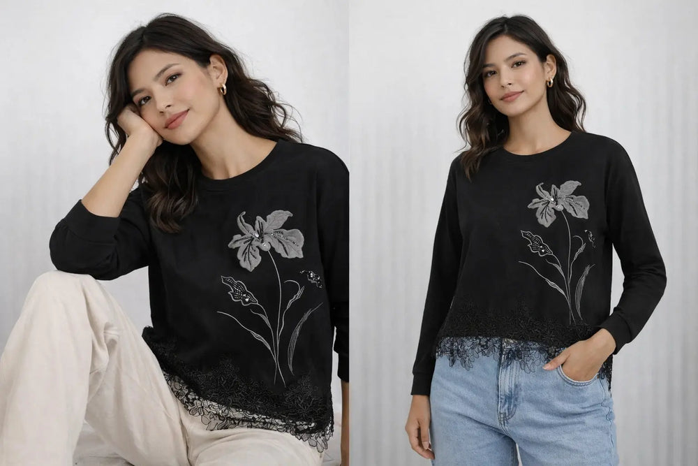 Women’s Floral Lace Hem Sweatshirt - ASTRON
