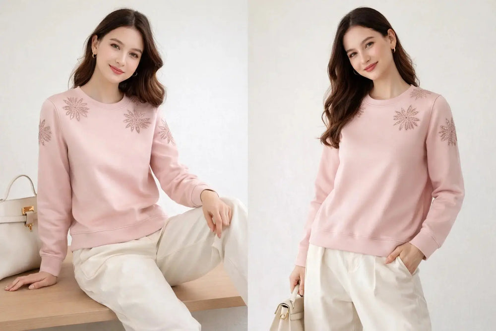 Two images of a woman wearing a pink sweater with floral patterns on a white background.