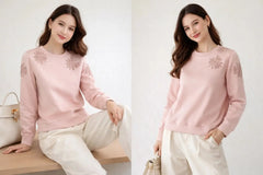 Two images of a woman wearing a pink sweater with floral patterns on a white background.