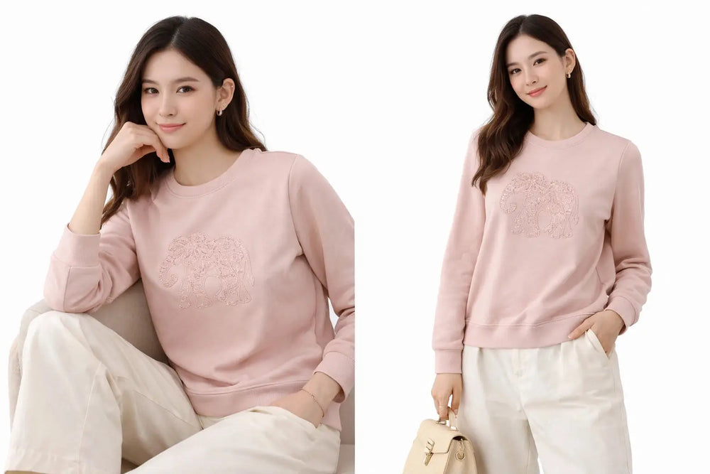 Two images of a woman wearing a pink sweater with floral patterns, sitting and standing.