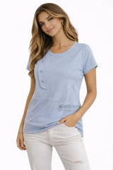 Front View of Astron Women's Sky Blue Asymmetrical Zip Detail Top with Zip Pocket
