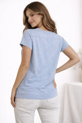 Back View of Astron Women's Sky Blue Asymmetrical Zip Detail Top