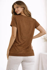 Back View of Astron Women's Brown Asymmetrical Zip Detail Top