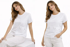 Woman wearing a white t-shirt with a pocket on a white background