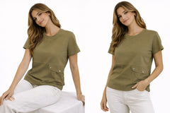 Woman wearing an olive green t-shirt with a pocket on a white background
