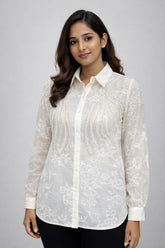 Women’s Ivory Embroidered Full-Sleeve Loose Fit Shirt