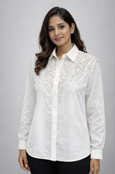 Women’s White Lace-Embroidered Shoulder Down Loose Fit Shirt