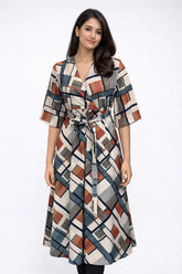 Women’s Geometric Print Belted Midi Dress