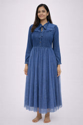 Women’s Denim Bodice Mesh Maxi Dress