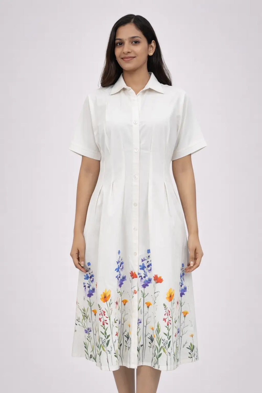 Women's Floral Embroidered Shirt Dress in White - Elegant Floral Design for Every Occasion - ASTRON