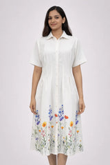 Women's Floral Embroidered Shirt Dress in White - Elegant Floral Design for Every Occasion - ASTRON