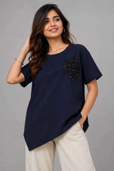 Women's Navy Blue Asymmetric Floral Appliqué Top