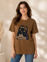 Women's Coffee Brown Cat Graphic Printed Hip Cover Casual T-Shirt