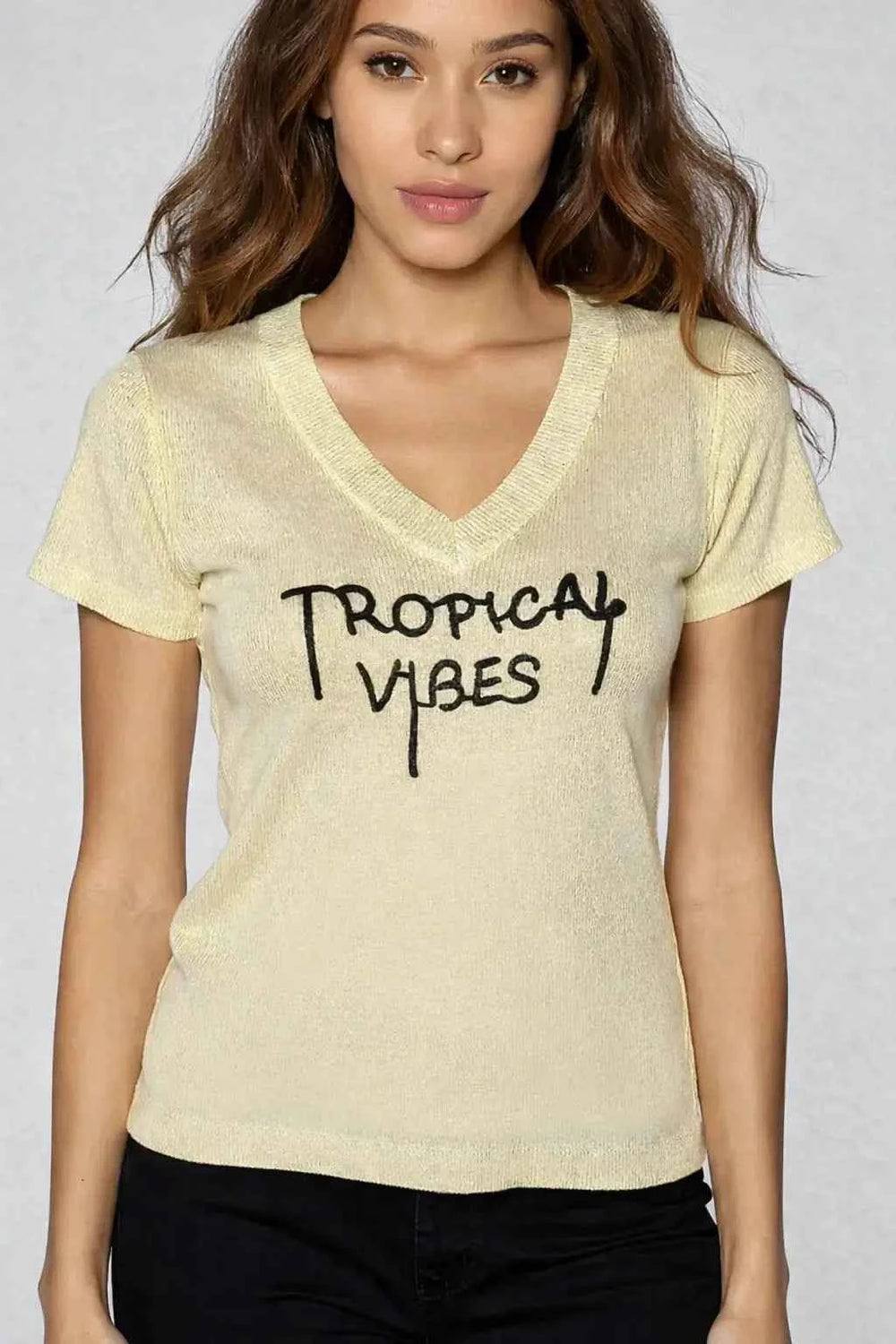 Astron - Embroidered V-Neck Ribbed Knit Top