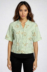 Astron- Tropical Leaf Cotton Button-Down Shirt For Women