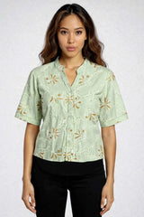 Astron- Tropical Leaf Cotton Button-Down Shirt For Women