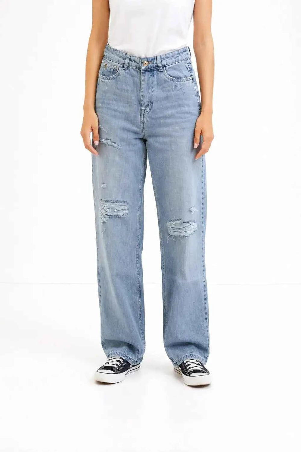 Astron Wide-Leg Distressed Light Wash Denim Jeans for Women – Relaxed Fit Streetwear Look
