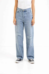 Astron Wide-Leg Distressed Light Wash Denim Jeans for Women – Relaxed Fit Streetwear Look