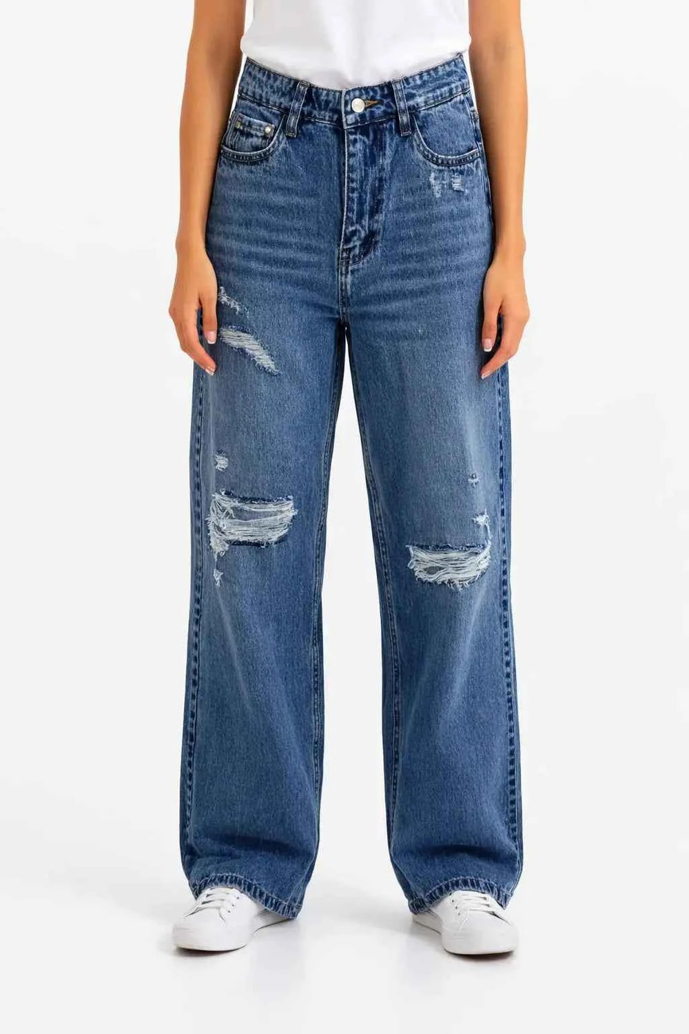 Astron Women’s Streetwear Medium Wash High-Rise Distressed Jeans – Relaxed & Wide-Leg