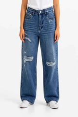 Astron Women’s Streetwear Medium Wash High-Rise Distressed Jeans – Relaxed & Wide-Leg