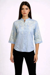 Astron Light Blue Cotton Shirt with Intricate White Floral Embroidery
