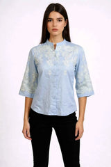 Astron Light Blue Cotton Shirt with Intricate White Floral Embroidery