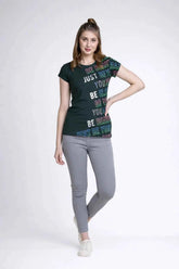Astron – Round Neck Green Color Typography Print Cotton T-Shirt for Women