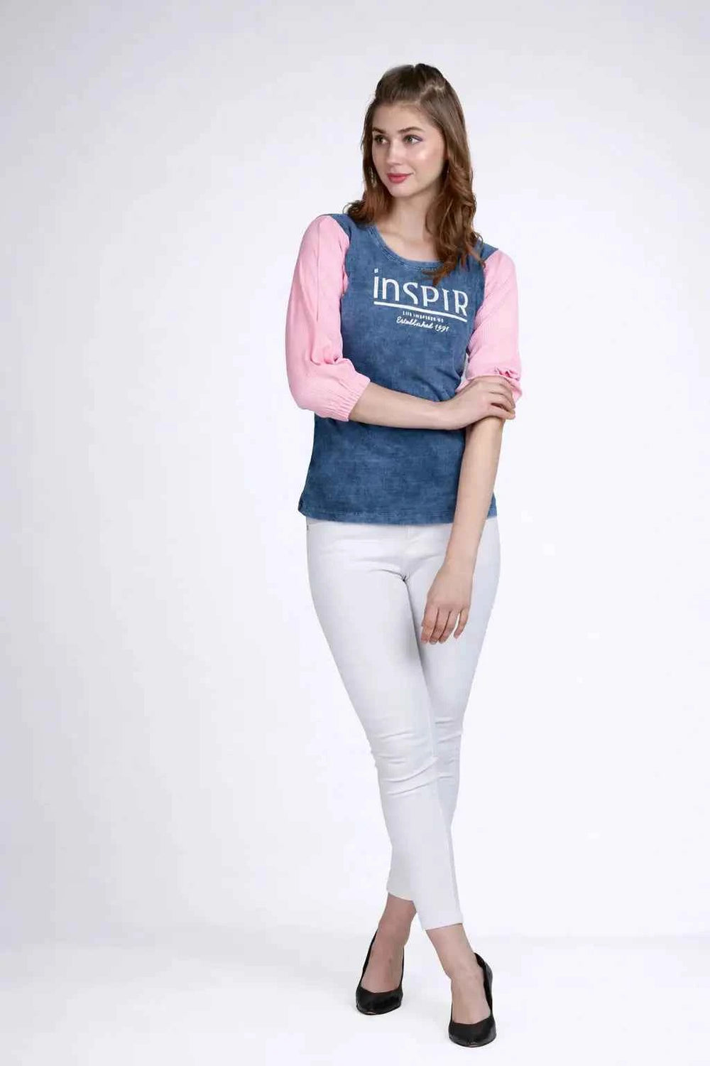 Astron – Round Neck Denim Colour T-Shirt for Women