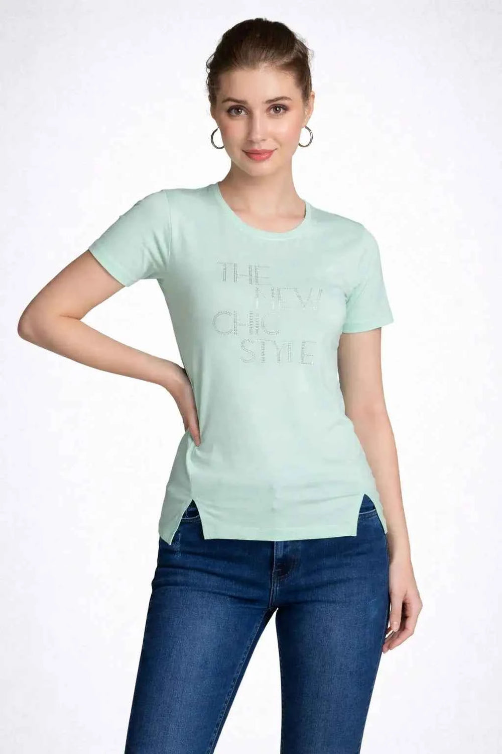 Astron – Half Sleeves Cotton Pista Green Color T-Shirt For Women